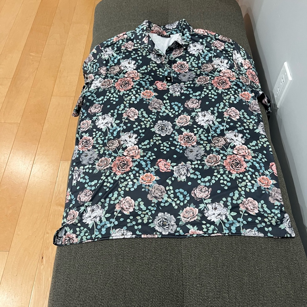Bad Birdie Grey and Green Floral Print Golf Shirt